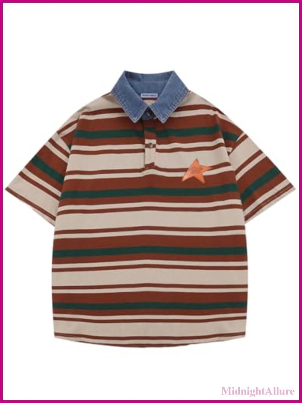 Oversized Cotton Polo Tee Y2K Button Collar Striped Short Sleeve Streetwear